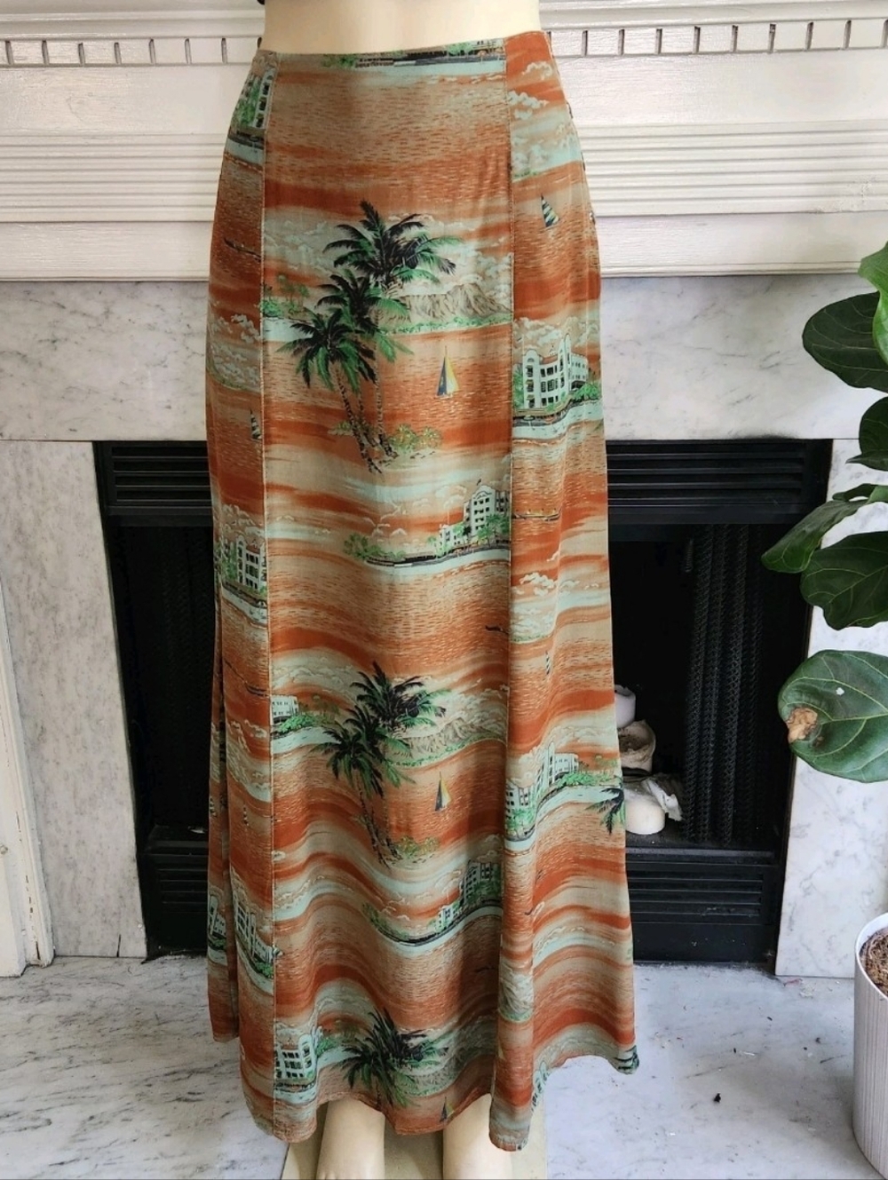 Vintage 90s Y2K Citron Brown Maxi Skirt Green Hawaiian Print Beach Size Small - Picture 6 of 10